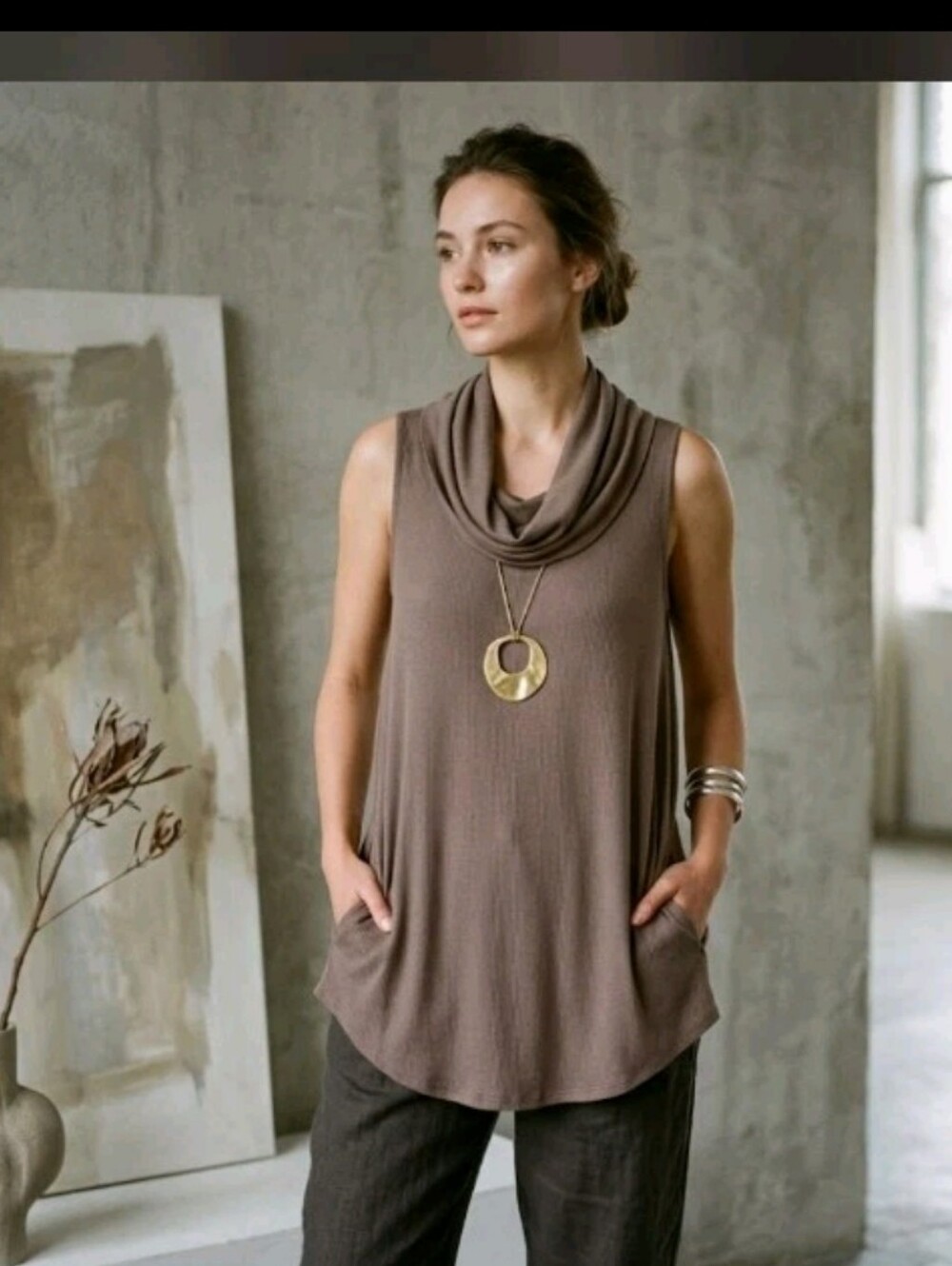 NWT Umgee Cowl Neck Sleeveless Tunic Top S Brown Minimalist Artsy Boho swtr2
